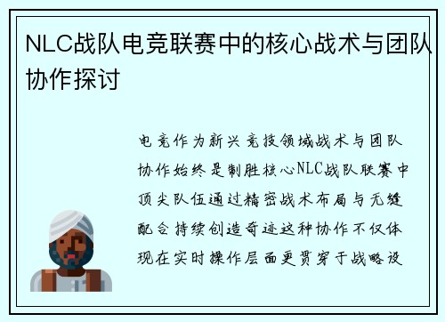 NLC战队电竞联赛中的核心战术与团队协作探讨