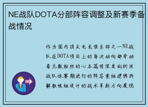 NE战队DOTA分部阵容调整及新赛季备战情况