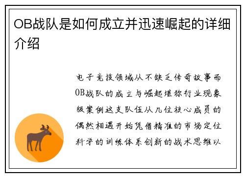 OB战队是如何成立并迅速崛起的详细介绍